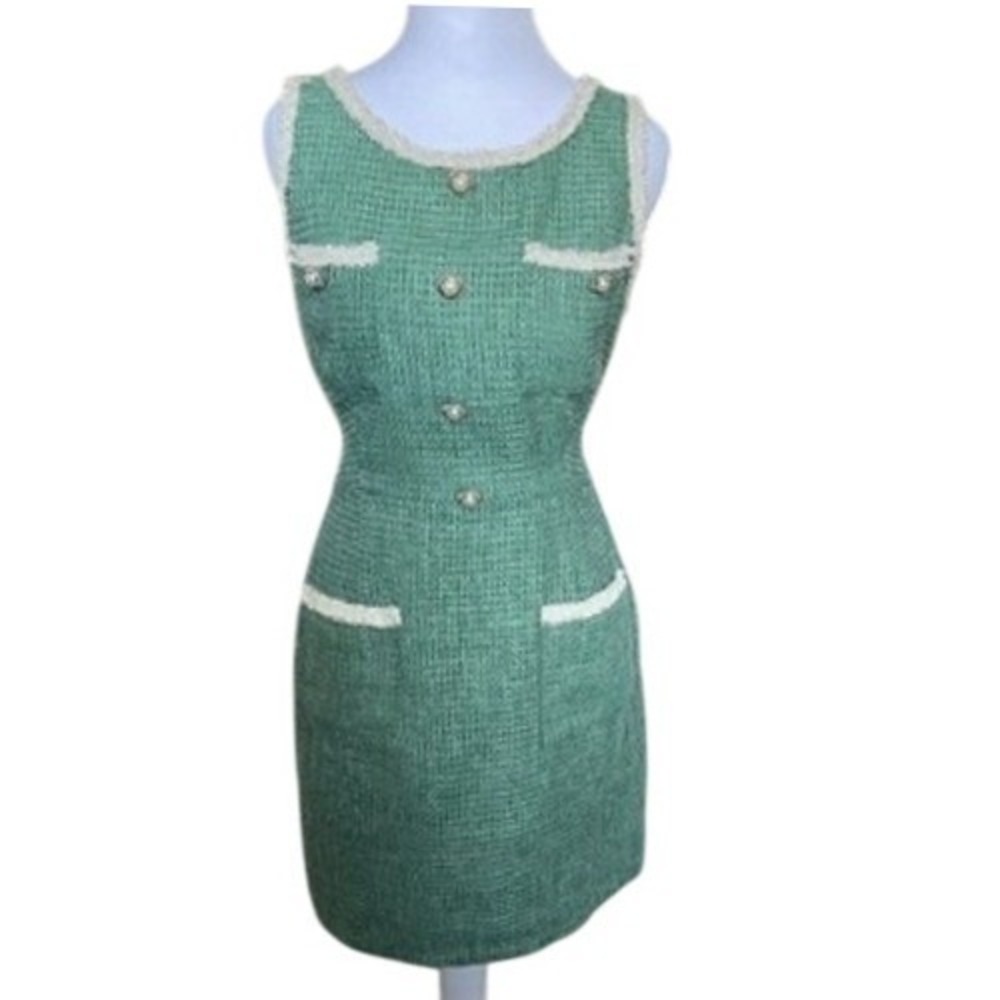 SHEIN Green Tweed Mini Dress Pearl Button Fringed Trim Sleeveless Size 6 M